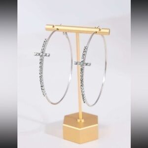 Silver Diamond Cross Hoop Earrings